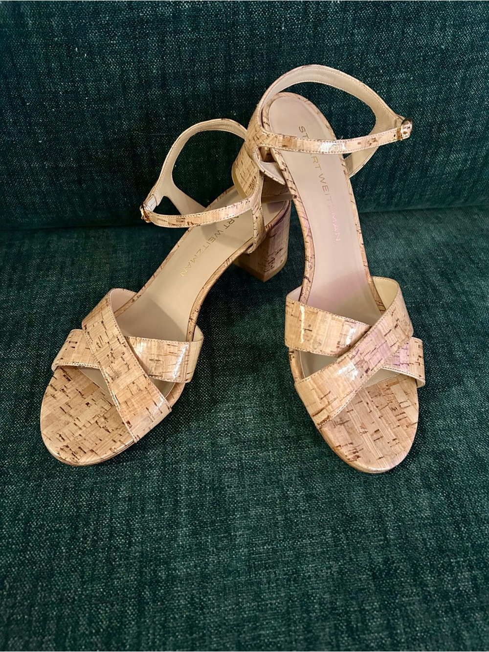 NWOT Stuart Weitzman Patent Leather Cork Block Heel Sandals | Size 9.5